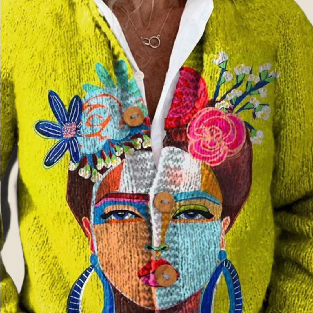 Ola™ - Oil Painting Freda Portrait Art Printed Buttoned Cardigan