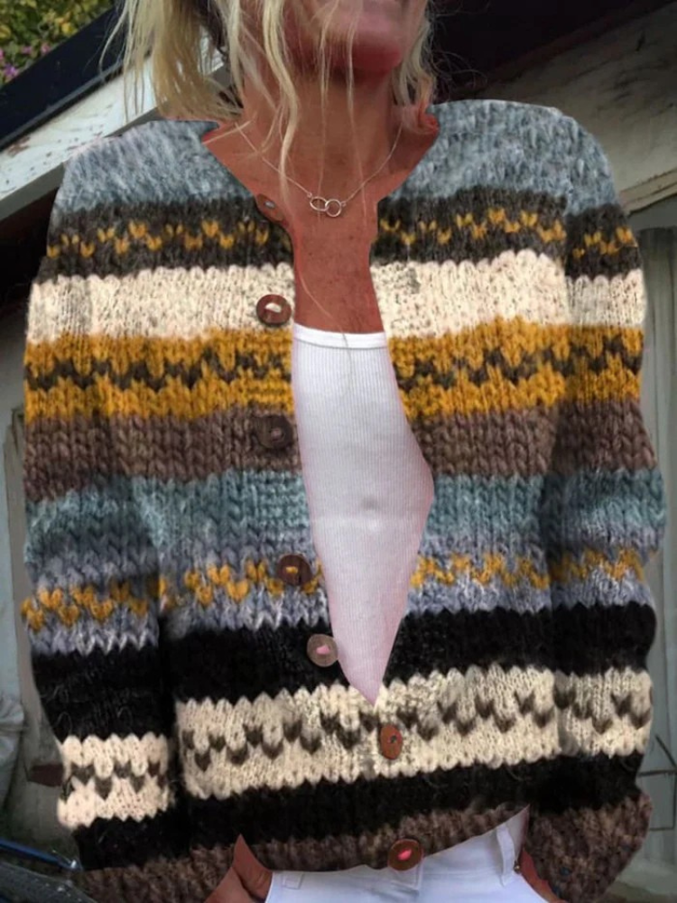 NORTHLINE STUDIO | Striped Colour Block Print Buttoned Cardigan Sweater