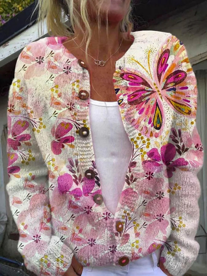 NORTHLINE STUDIO | Women's Lovely Butterfly Floral Art Print Buttoned Cardigan Sweater